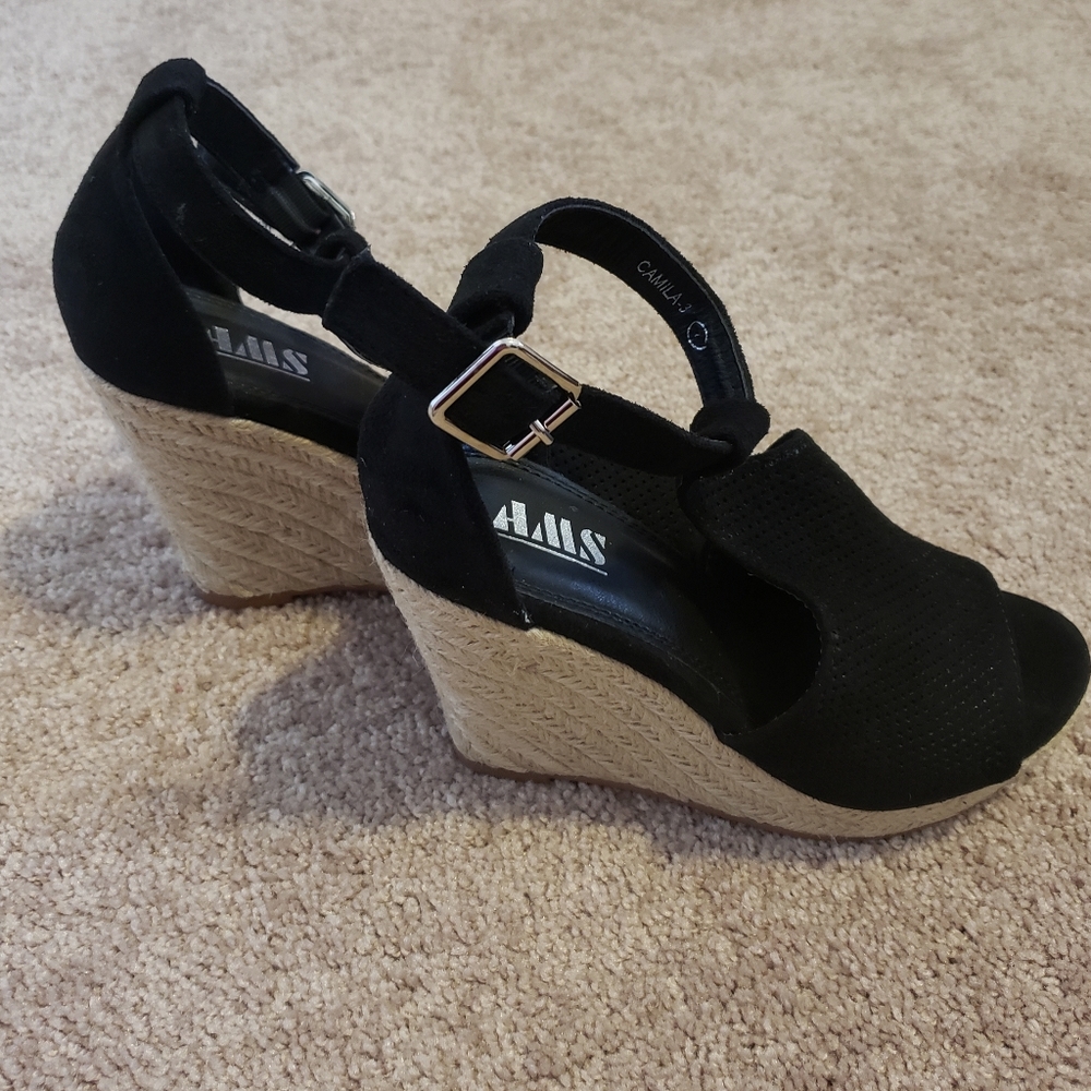 AMS Black Open Toe Wedge Heels
